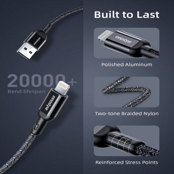 Cáp USB-A to Lightning Innostyle Powerflex MFi 1.5M 12W-IAL150ALBLK-6