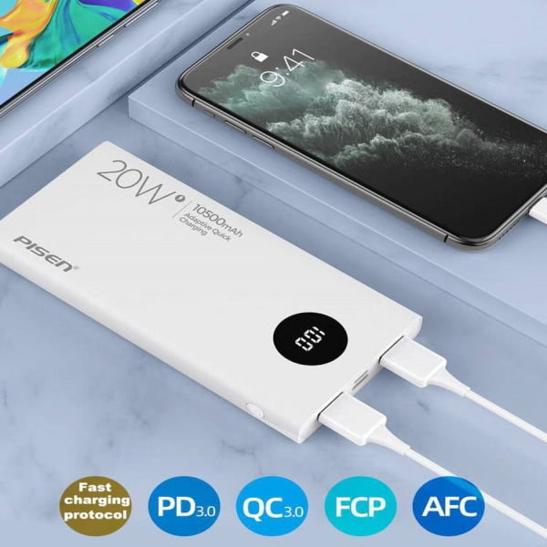 Pin sạc dự phòng Pisen 10.500 mAh 20W QUICK PowerU LED Ultra-TSD306WT-4