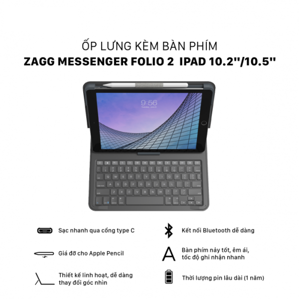 Ốp lưng kèm bàn phím iPad 10.2 inch 10.5 inch ZAGG Messenger Folio 2-103007169-2