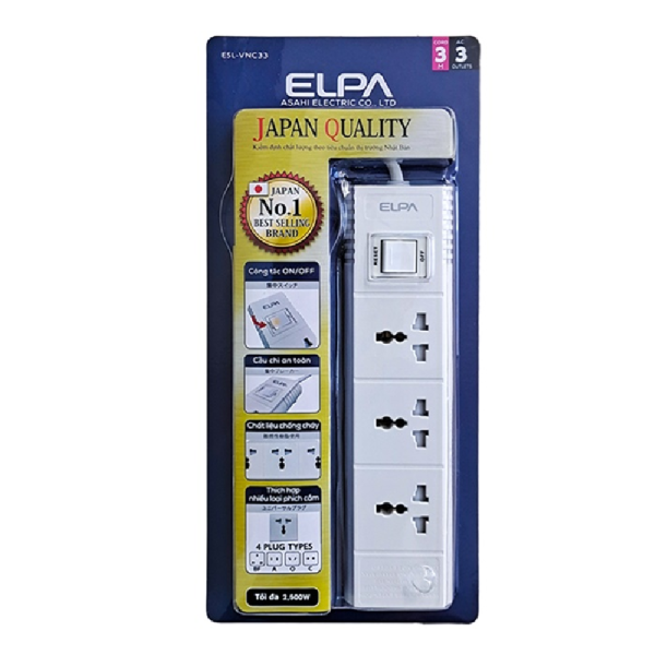 Ổ cắm 3 ổ điện 1 công tắc 3m 2 x USB-A ELPA ESU-VNC33-ESU-VNC33-2