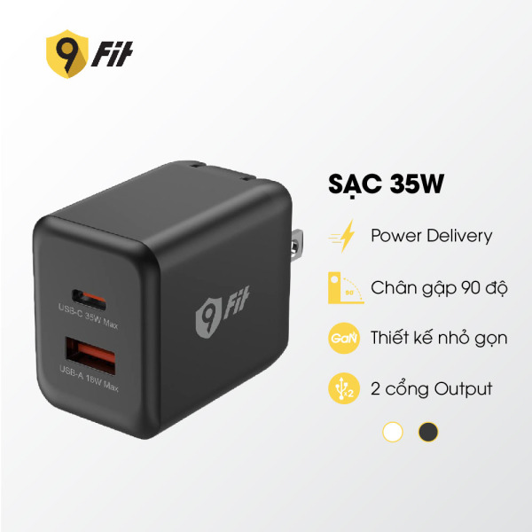 Cốc sạc nhanh 2 cổng 9Fit 35W PD 1A1C GaN-9FAC001B-11
