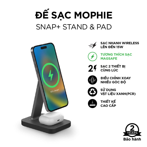 Đế sạc không dây Mophie Snap+ 2 in 1 Charge Stand & Pad-401309750-15