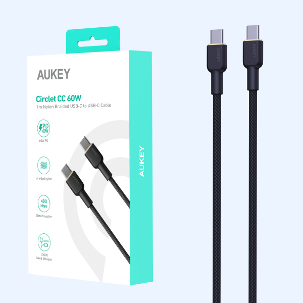 Cáp Type-C to Type-C Aukey 60W Bọc Dù 1M-CB-NCC1-BLK-12