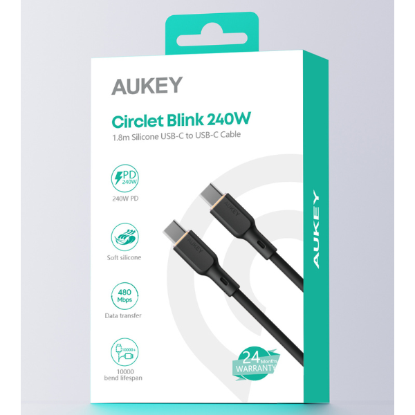 Cáp Type-C to Type-C Aukey 240W Silicone 1.8M-CB-SCC242-BLK-10