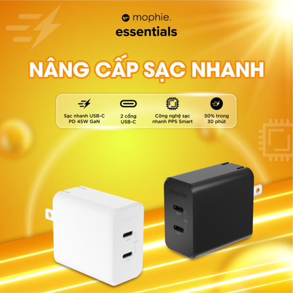 Cốc sạc nhanh 2 cổng Mophie Essentials PD 45W GaN-409912231-20