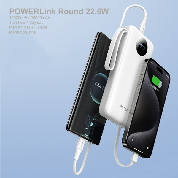 Pin sạc dự phòng Pisen 10.000 mAh 22.5W Quick PowerLink Round-TP-D099-4
