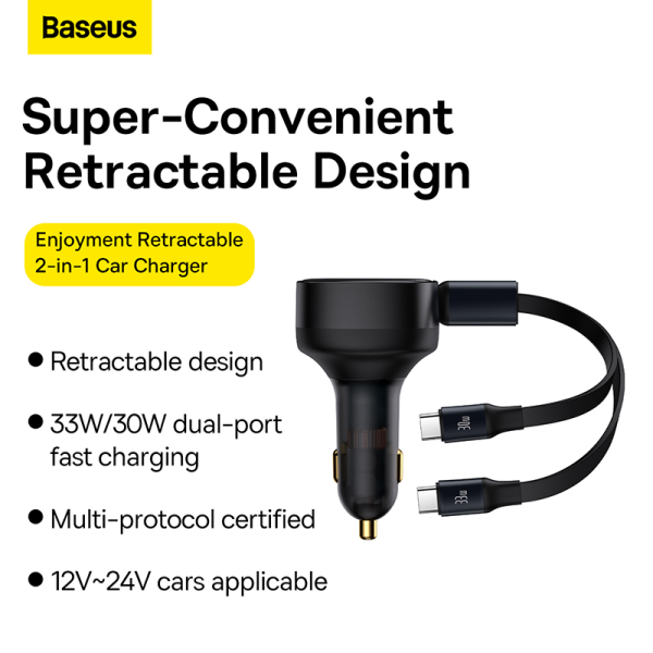 Tẩu sạc Oto 2 cổng Baseus Enjoyment Retractable kèm dây Type-C 33W-SACOTO33W-2