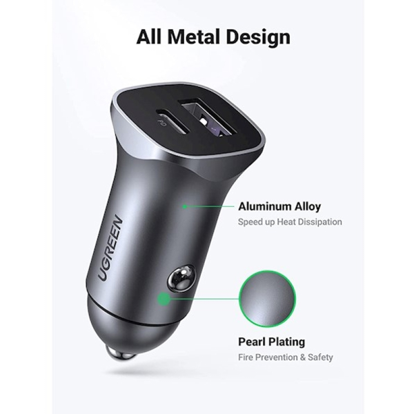 Tẩu sạc Oto 2 cổng Ugreen 30W PD QC 3.0-40858-3