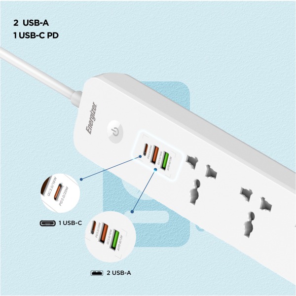 Ổ điện đa năng Energizer 5AC kèm 2 x USB-A và 1 x Type-C sạc nhanh PD (Max 38W)-EPB2504EUWE-6
