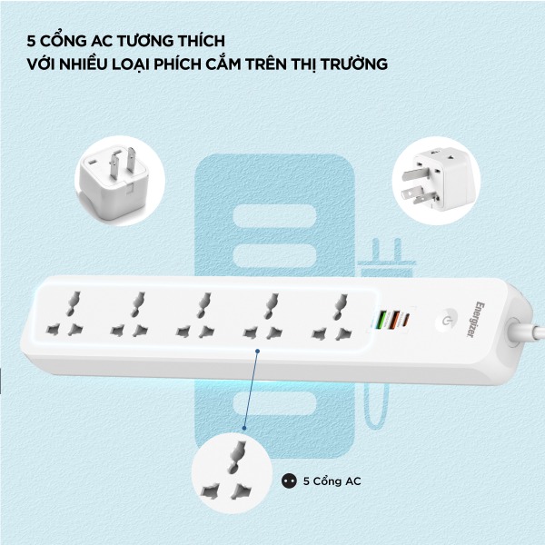 Ổ điện đa năng Energizer 5AC kèm 2 x USB-A và 1 x Type-C sạc nhanh PD (Max 38W)-EPB2504EUWE-7