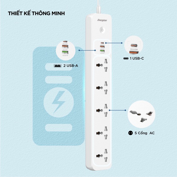 Ổ điện đa năng Energizer 5AC kèm 2 x USB-A và 1 x Type-C sạc nhanh PD (Max 38W)-EPB2504EUWE-9