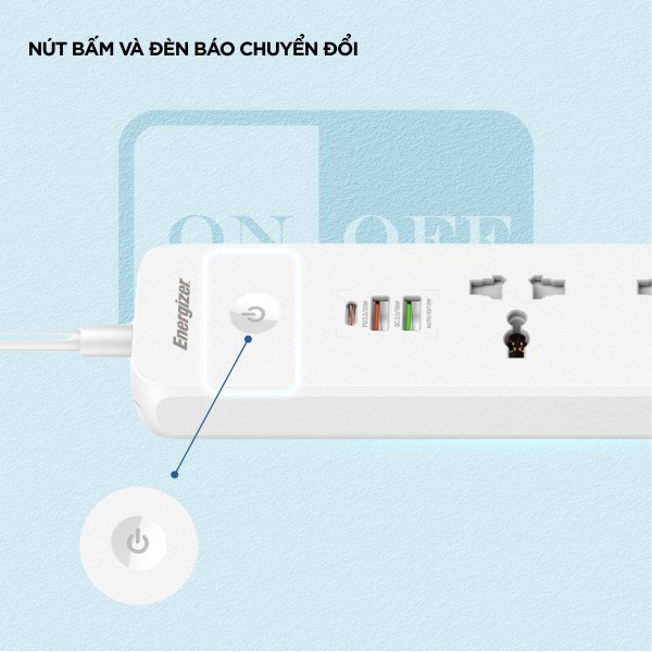 Ổ điện đa năng Energizer 5AC kèm 2 x USB-A và 1 x Type-C sạc nhanh PD (Max 38W)-EPB2504EUWE-10