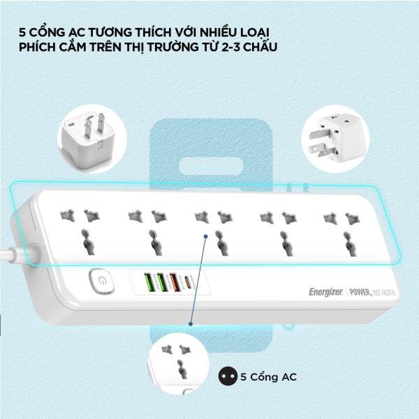 Ổ điện đa năng Energizer 5AC kèm 3 x USB-A và 1 x Type-C sạc nhanh PD (Max 20W)-EPB2501EUWE-5