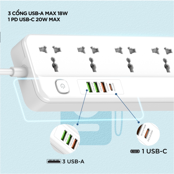 Ổ điện đa năng Energizer 5AC kèm 3 x USB-A và 1 x Type-C sạc nhanh PD (Max 20W)-EPB2501EUWE-6