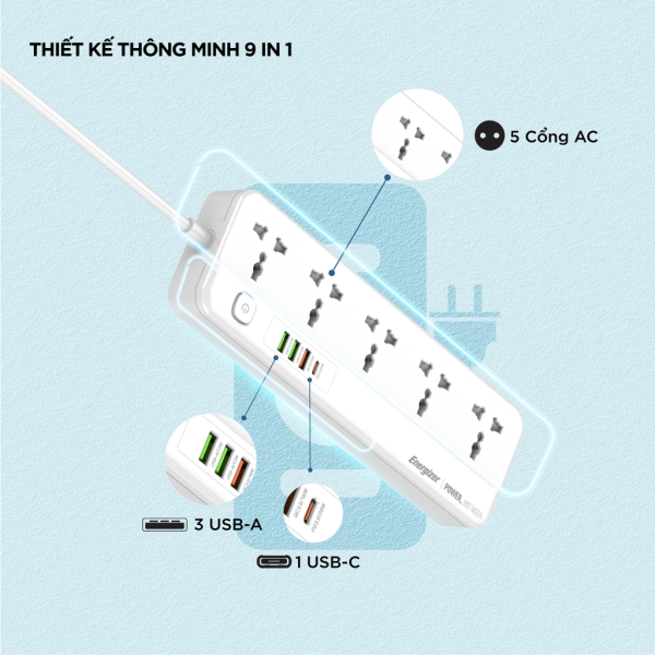 Ổ điện đa năng Energizer 5AC kèm 3 x USB-A và 1 x Type-C sạc nhanh PD (Max 20W)-EPB2501EUWE-7