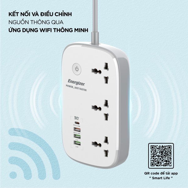Ổ điện đa năng Energizer Wifi 3AC kèm 3 x USB-A và 1 x Type-C sạc nhanh PD 30W-EPB2502EUWE-11