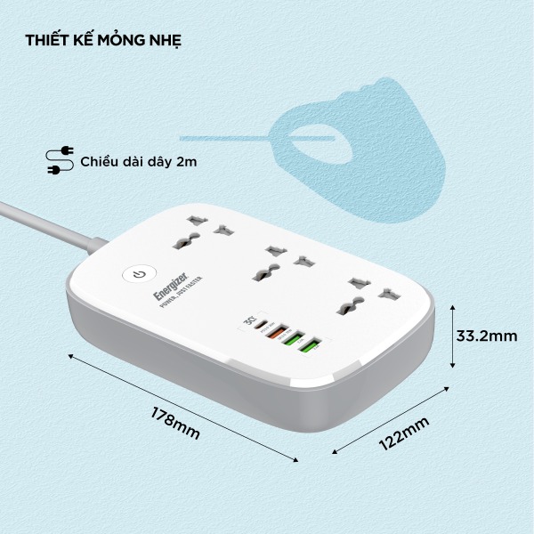 Ổ điện đa năng Energizer Wifi 3AC kèm 3 x USB-A và 1 x Type-C sạc nhanh PD 30W-EPB2502EUWE-8