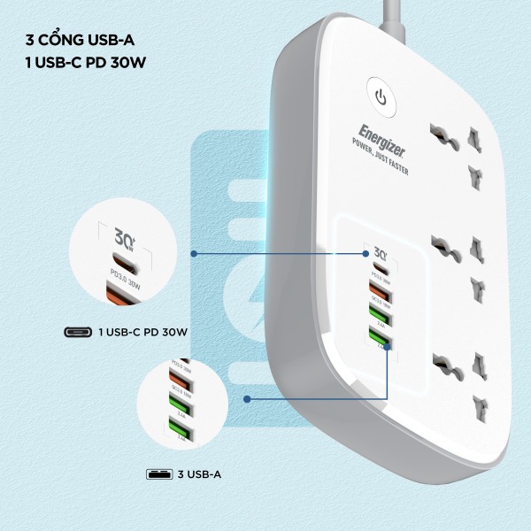 Ổ điện đa năng Energizer Wifi 3AC kèm 3 x USB-A và 1 x Type-C sạc nhanh PD 30W-EPB2502EUWE-9