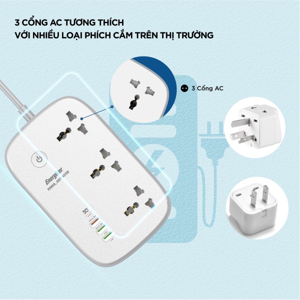 Ổ điện đa năng Energizer Wifi 3AC kèm 3 x USB-A và 1 x Type-C sạc nhanh PD 30W-EPB2502EUWE-10