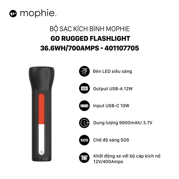 Bộ sạc kích bình Mophie GO Rugged Flashlight 36.6Wh 700Amps-401107705-9