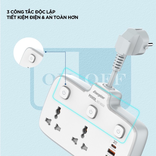 Ổ điện đa năng Energizer 2AC kèm 3 x USB-A và 1 x Type-C sạc nhanh PD (Max 20W)-EPB2503EUWE-9