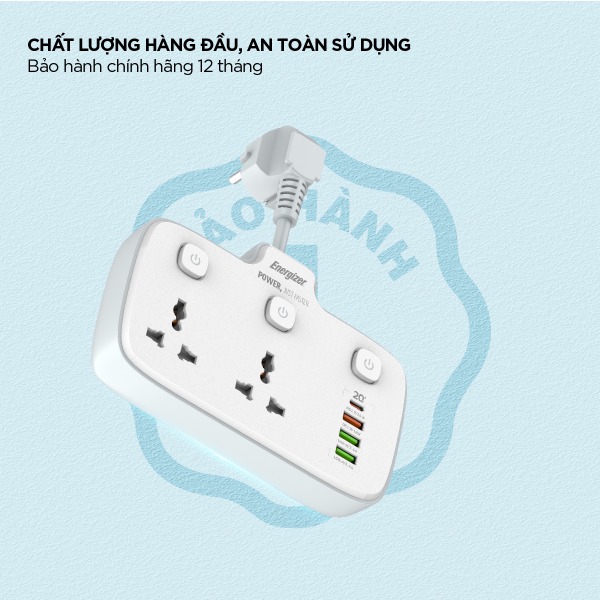 Ổ điện đa năng Energizer 2AC kèm 3 x USB-A và 1 x Type-C sạc nhanh PD (Max 20W)-EPB2503EUWE-10