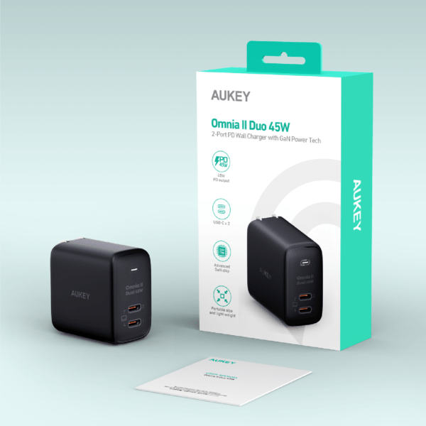 Cốc sạc nhanh Aukey 2 cổng 45W GaN PA-B4 (chấu gập)-PA-B4T-BLK-3