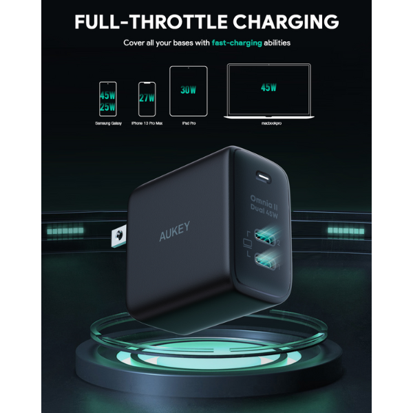 Cốc sạc nhanh Aukey 2 cổng 45W GaN PA-B4 (chấu gập)-PA-B4T-BLK-8