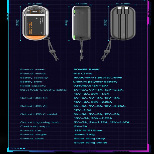 Pin dự phòng sạc nhanh IDMIX 15.000 mAh PD 45W Power Mate P15 Ci Pro-ID5866-7
