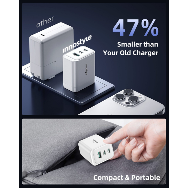 Cốc sạc nhanh Innostyle 65W PD Fast Charger GoCharge 3-Port Charger-IC65-3WHT-US-6