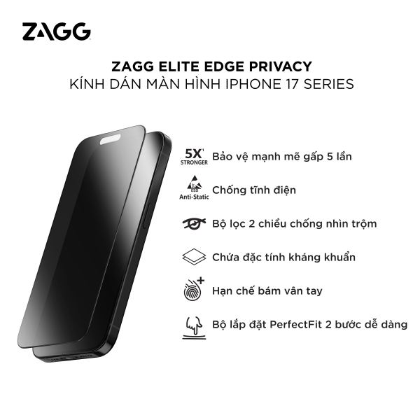 Cường lực chống nhìn trộm iPhone 17 Pro Max ZAGG Elite Edge-100119411-2