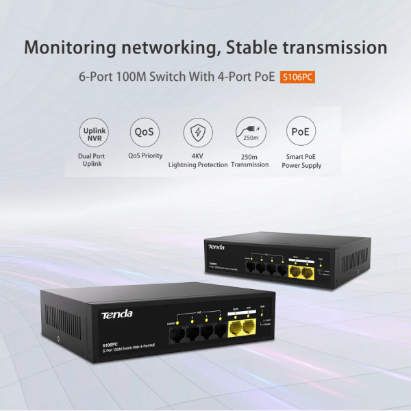 Switch Tenda 4-Port PoE công suất 45W, 2-Port Uplink S106PC-S106PC-10