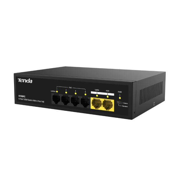 Switch Tenda 4-Port PoE công suất 45W, 2-Port Uplink S106PC-S106PC-2