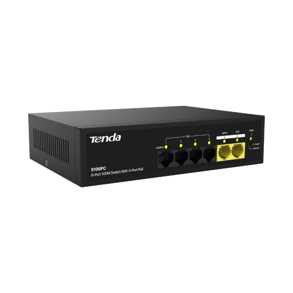 Switch Tenda 4-Port PoE công suất 45W, 2-Port Uplink S106PC-S106PC-4