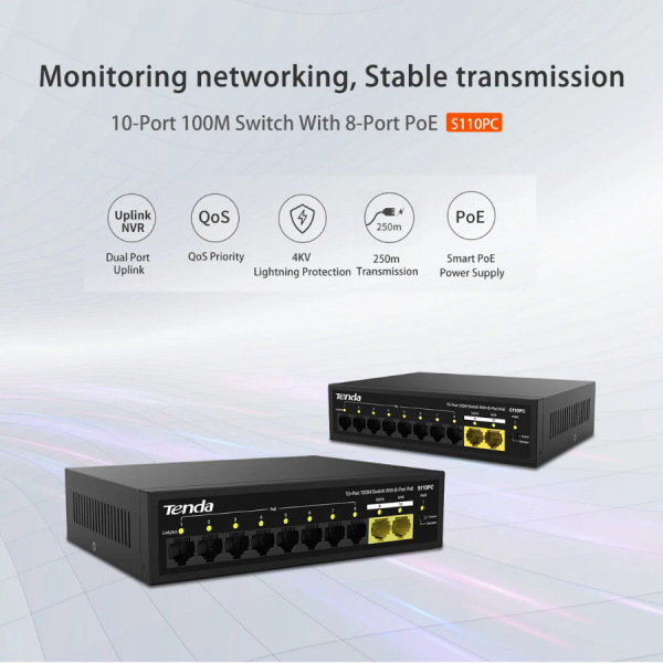 Switch Tenda 8-Port PoE công suất 70W, 2-Port Uplink S110PC-S110PC-10