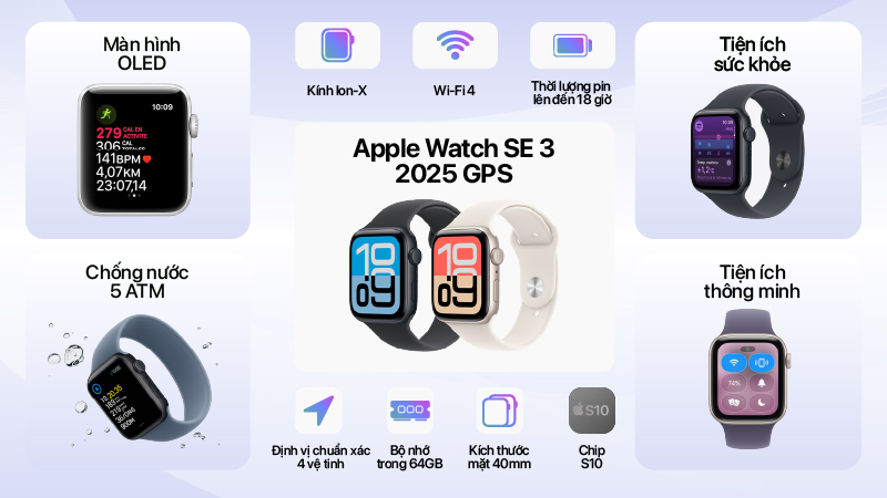 Apple Watch SE 3 2025 GPS 40mm Viền Nhôm Dây Cao Su-MEH34SA A-2