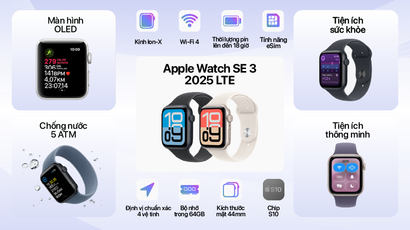 Apple Watch SE 3 2025 LTE 44mm Viền Nhôm Dây Cao Su-MEPH4SA A-2