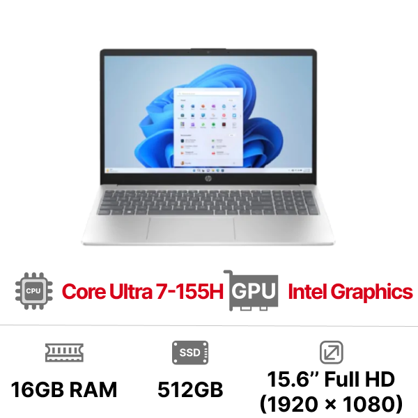 Laptop HP 15-FD1058TU (Core Ultra 7-155H 16GB RAM 1TB SSD Intel Graphics 15.6 inch FHD Webcam 3 Cell Win11 Home 64 9Z2X6PA)